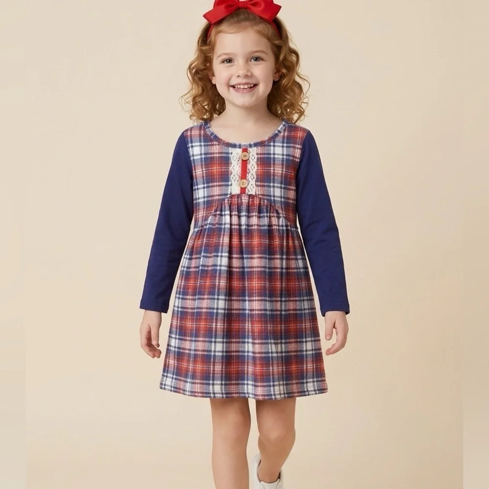 NWT Girls Blue/Red Plaid Dress with Navy Raglan Sleeves Buttons and Lace Detail